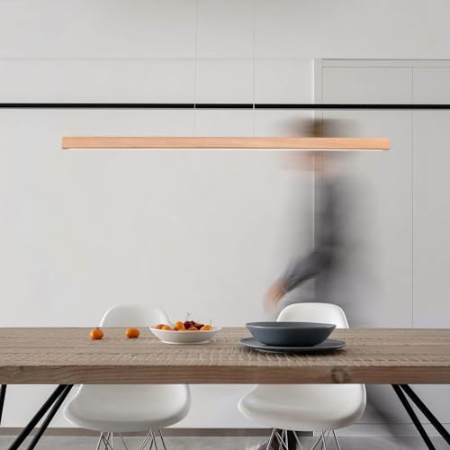 39" Wood Linear Pendant Light Fixture Modern LED Pendant Lights Led Dimmable Chandelier with Remote Control Ceiling Hanging Lights Pool Table Lights for Dining Room Kitchen Island Lights Natural - color: Natural, size: 39in