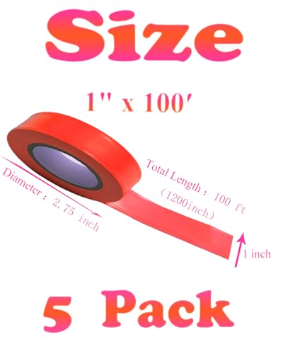 Red Flagging Tape - Non-Adhesive Hi-Vis Plastic | 5 Rolls (1" x 500') | Fade-Resistant for Surveyor, Tree Marking, Hunting Trail, Boundaries & Hazardous Areas Workplace - color: Red