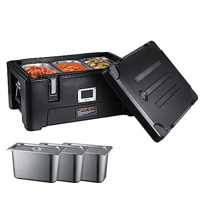 VEVOR Insulated Food Pan Carrier, 36Qt Capacity, Stackable Hot Box for Catering w/ 3 Stainless Steel Pans, Top Load LLDPE Food Warmer w/Elastic Side Handles and Buckles, for Restaurant Canteen, Black - size: 36 Qt (25" x 17.1" x 12.4")