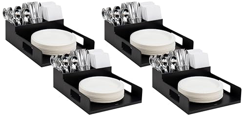 Mind Reader Utensil Napkin and Plate Organizer Tray, Countertop Caddy with 7 Compartments, Holds Plates up to 10.5 Inches, Breakroom and Buffet Organizer, Plastic, Black (Pack of 4) - size: Napkin & Plate Holder (Pack of 4)