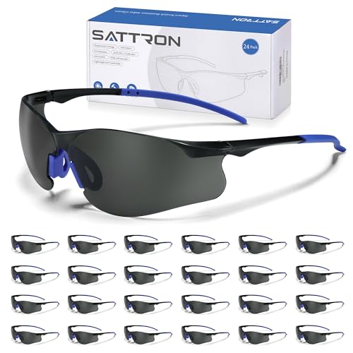 Safety Glasses Tinted 24 Pack, Protective Eyewear for Men Women UV Protection ANSI Z87.1, Safety Sunglasses Bulk Scratch Impact Resistant Eye Protection with Nose Pads for Construction Work Smoke - color: Gray Lens/Blue Temples, size: 24 Pack
