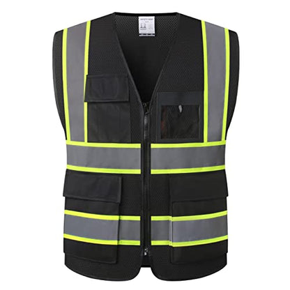 Reflective Safety Vest for Men Women High Visibility Vest with 8 Pockets and Front Zipper Mesh Reflective Vest (Black-07, Medium) - color: Black, size: Medium