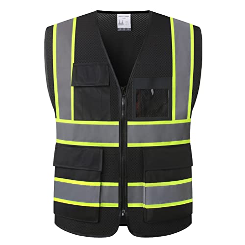 High Visibility Reflection Black Mesh Safety Vests with 8 Pockets and Front Zipper, hi vis safety vest for Men and Women (Black-07,Large) - color: Black, size: Large