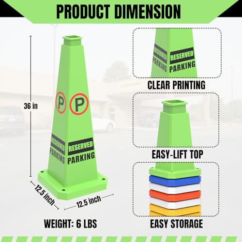 Reserved Parking Cone 36 inch, “REVISED PARKING” No Parking Sign Cone with Rubber Weighted Base, 4-Sided Warning Cone for Driveways Business Parking Lots Garages(6 Pack) - color: REVISED PARKING/GREEN, size: 36 inch