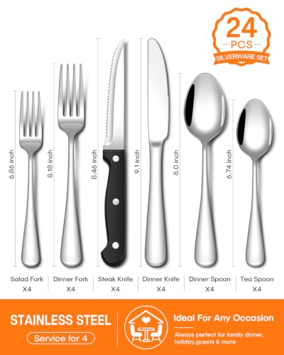 EUIRIO 24 Piece Silverware Set with Steak Knives Food Grade Stainless Steel Flatware Set for 4 Cutlery Utensil Set Mirror Polished Dishwasher Safe for Home Restaurant - color: Silver