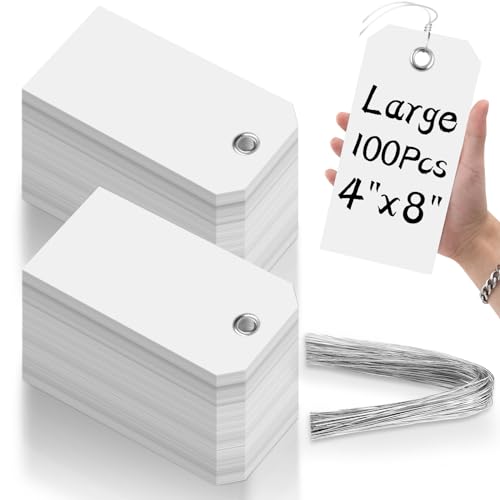 100 Large White Plastic Tags - 4x8 inch, Heavy Duty, Waterproof, Writable, Blank, Reinforced Holes for Luggage, Garage, Inventory, Car Parts - color: White