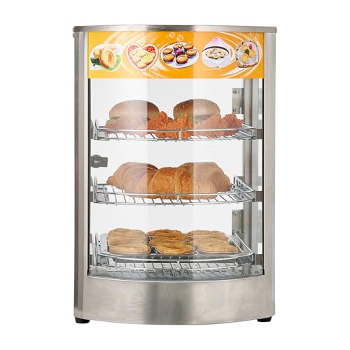 VEVOR 3-Tier Commercial Food Warmer Display, 800W Food Display Warmer with LED Light, Adjustable Shelf and Stainless Steel Frame, 86℉~185℉ Air Heating, 60L for Hamburger, Pizza, Bread, Fried Chicken - size: 3-Tier-42Qt