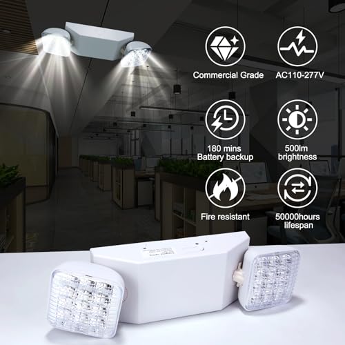 Led Emergency Lights Fixture 12 Pack, LED Emergency Light for Home Power Failure, Commercial LED Emergency Light with Battery Backup, Adjustable 2 Head Emergency Exit Lights, Hardwired - color: 12 Pack