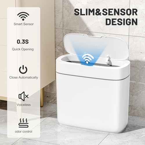 JUDRDO 3.5 Gal Slim Touchless Bathroom Trash Can, Automatic Diaper Pail - color: White