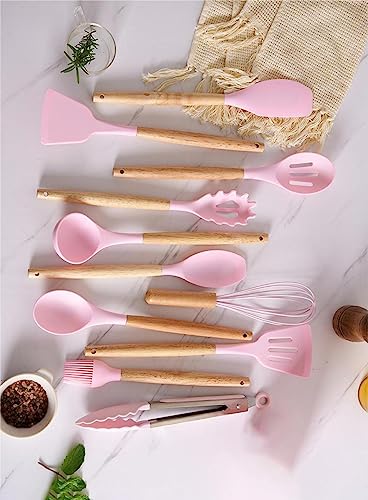 Kitchen Cooking Utensils and Knife Set with Holder Block, 19 Pieces Cooks Cutting Set 11 Pcs Silicone Cooking Utensils Sharp Stainless Steel Knives Scissors Whisk Tongs and Cutting Board (Pink) - color: Pink