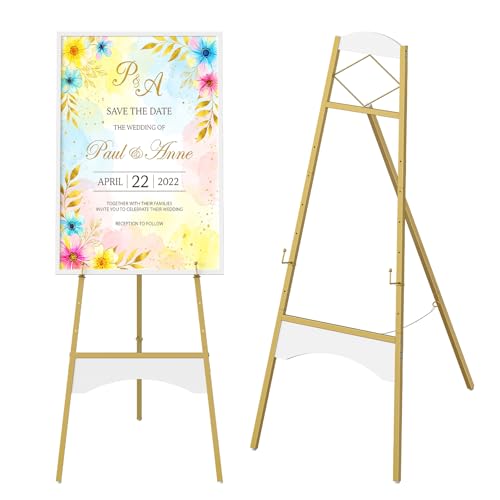 CHOEZON 43" Gold Easel Stand for Sign, Display Easel with 6 Adjustable Height Levels, Metal Art Easel, Poster Stand for Painting, Wedding Welcome Signs Holder, Gold and White TCJ26JW