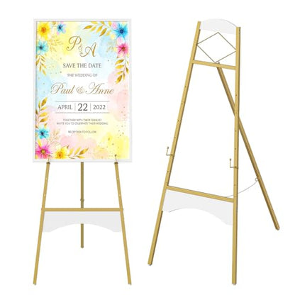 CHOEZON 43" Gold Easel Stand for Sign, Display Easel with 6 Adjustable Height Levels, Metal Art Easel, Poster Stand for Painting, Wedding Welcome Signs Holder, Gold and White TCJ26JW