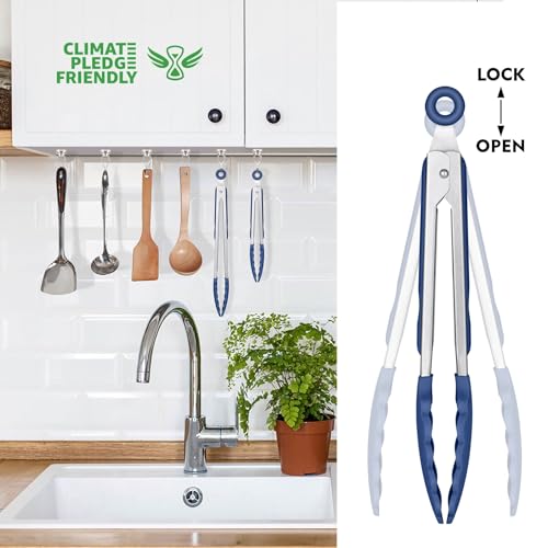 HOTEC Stainless Steel Kitchen Tongs with Silicone Tips, Set of 2-9" and 12" - color: Classic Blue:12+9inch