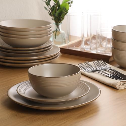 Gibson Home Chiswick House 16-Piece Stoneware Dinnerware Set, Round Plates and Bowls Set for 4, Beige with Wax Relief Embossed Rim Detail, Dishwasher Safe – Dinner Plate, Salad Plate & Cereal Bowl - color: Beige w/ Wax Relief Embossed Rim (Chiswick House)