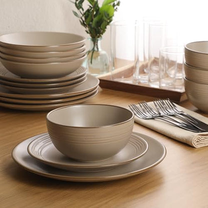 Gibson Home Chiswick House 16-Piece Stoneware Dinnerware Set, Round Plates and Bowls Set for 4, Beige with Wax Relief Embossed Rim Detail, Dishwasher Safe – Dinner Plate, Salad Plate & Cereal Bowl - color: Beige w/ Wax Relief Embossed Rim (Chiswick House)