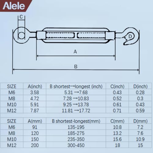 M8 Turnbuckle,5/16" Thread Stainless Steel Hook & Eye Alele Stainless Steel 304 Turnbuckle Heavy Duty Wire Rope Tension 4pcs (M8 Turnbuckle) - size: M8 Turnbuckle