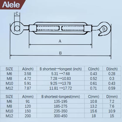 M8 Turnbuckle,5/16" Thread Stainless Steel Hook & Eye Alele Stainless Steel 304 Turnbuckle Heavy Duty Wire Rope Tension 4pcs (M8 Turnbuckle) - size: M8 Turnbuckle
