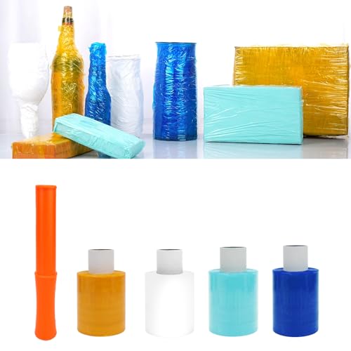 4 Pack Industrial Mini Color Stretch Wrap Film with 1 Plastic Handle, 3.94" x 525 Feet Industrial Strength Self-Adhering Stretch Wrap for Moving, Sorting, Packaging, Shipping and Pallet Wrap