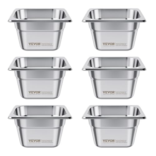 VEVOR 6 Pack Stainless Steam Hotel Pans, 1/6 Size Table Steam Pan, 4 Inch Deep, Anti Jam Restaurant Supplies Reusable Rustproof Catering Storage for Home, Party, Restaurant, Hotel, Buffet - size: 1/6 Size, style: 4 Inch Deep