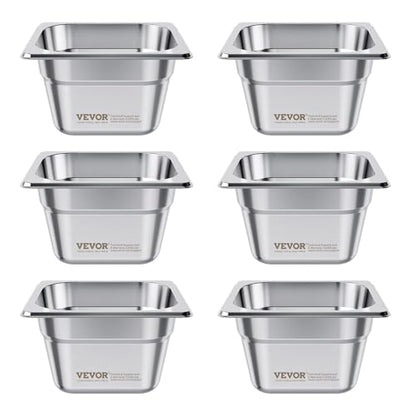 VEVOR 6 Pack Stainless Steam Hotel Pans, 1/6 Size Table Steam Pan, 4 Inch Deep, Anti Jam Restaurant Supplies Reusable Rustproof Catering Storage for Home, Party, Restaurant, Hotel, Buffet - size: 1/6 Size, style: 4 Inch Deep