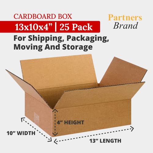 PARTNERS BRAND 13 x 10 x 4 Corrugated Cardboard Boxes, Flat 13"L x 10"W x 4"H, Pack of 25 | Shipping, Packaging, Moving, Storage Box for Home or Business, Strong Wholesale Bulk Boxes