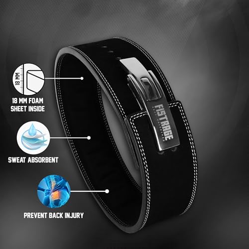 FISTRAGE Lever Buckle Weight Lifting Leather Black Belt Gym Back Support for Men & Women Training Fitness Exercise for Tough Workouts | Power Lifters | Supports Lumber Lower Back - color: Black-White, size: Large