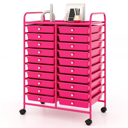 RELAX4LIFE 20-Drawer Rolling Storage Cart - Mobile Rolling Cart w/Drawers for School Classroom Teacher Office Home Salon, Paper File Art Supply Craft Organizer, Utility Cart on Wheels (Hot Pink) - color: Hot Pink, size: 35''