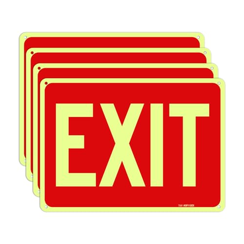 T&R Exit Sign - 4 Pack - 10 x 7 Inches Rust Free .040 Aluminum Glow-In-The-Dark - UV Protected, Waterproof, Weatherproof and Fade Resistant - 4 Pre-drilled Holes - color: Red - 10" x 7" - 4 pack - Glow-In-The-Dark