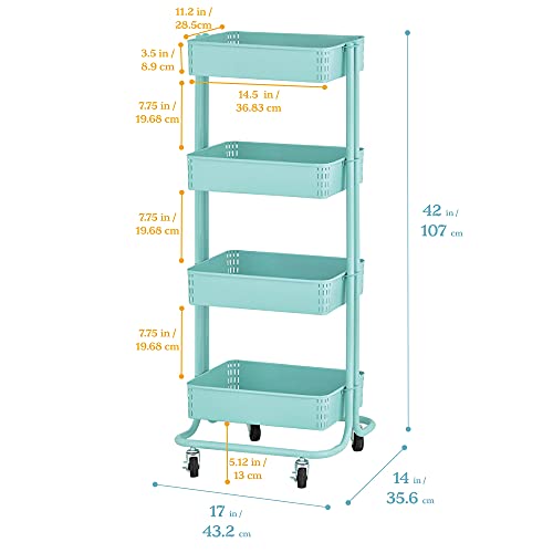 ECR4Kids 4-Tier Metal Rolling Utility Storage Cart, Multipurpose Organization, Multipurpose Organization, Teal - color: Teal