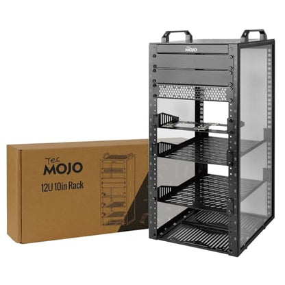 Tecmojo 12U Network Rack, 10 inch Mini Server Rack with 2 Side Translucent Panels & 2 Top Handles, 10.23 inch Deep, for 10 inch IT Equipment & A/V Devices, Black - size: 12U/10in/Black
