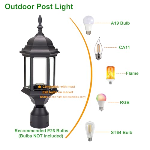 LIT-PaTH Outdoor Post Light, Rustproof Aluminum Pole Lamp, Black - color: Black Finish, size: 1-pack