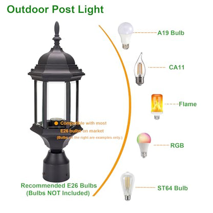 LIT-PaTH Outdoor Post Light, Rustproof Aluminum Pole Lamp, Black - color: Black Finish, size: 1-pack