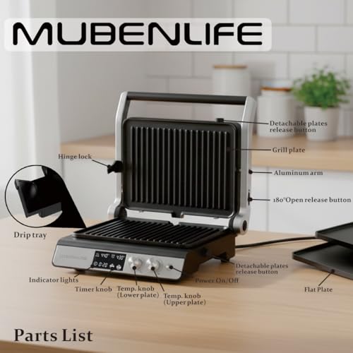 Panini Press,4 Slices Contact Grill with Removable Non-Stick Coated Grill and Flat Plates,Panini Makers with Temperature Control and Timer,Open 180 Degrees,Grill and Griddle (Silver with digital) - color: Silver with digital
