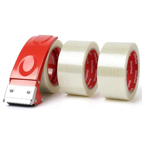 Strapping Tape with Dispenser, 3 Pack 2 Inch x 30 Yards 5.5 Mil, Heavy Duty Reinforced Fiberglass Tape for Moving,Shipping,Storage