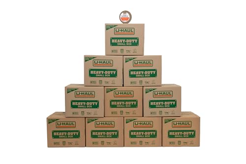 11-Piece U-Haul Small Heavy-Duty Double Wall Moving & Shipping Boxes - Pack of 10 Boxes with Handles - 16-3/8” x 12-5/8” x 12-5/8” (L x W x H) - 1 Bonus Roll of Packing Tape