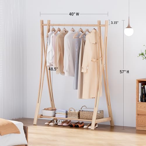 Wooden Retail Display Hanging Clothes Rack with Storage Shelf, 40" W x 57" H Freestanding Heavy Duty Clothing Drying Garment Rack for Hanging Clothes, Coat, Dress, Shirt, Hat - size: 40"W