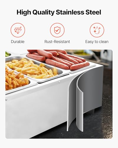 VEVOR Commercial Food Warmer, 1500W Electric Stainless Steel Steam Food Warming with Lid, 6-Pan Fast Heating Countertop Buffet Bain Marie with Power Cord, for Catering, Restaurant, Party & Buffets - size: 6*1/3Pan