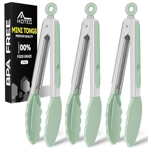 HOTEC Small Silicone Kitchen Tongs 7-Inch Mini Serving Tongs, Set of 3 - color: Light Green