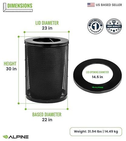 Alpine Outdoor Trash Can 36 Gallon Diamond Steel Commercial Metal Waste Bin with Leak Proof Liner, Heavy Duty Steel Mesh Design, Flat Wide Open Top Lid for Parks, Streets, and Public Spaces-Black - style: Open Top Lid