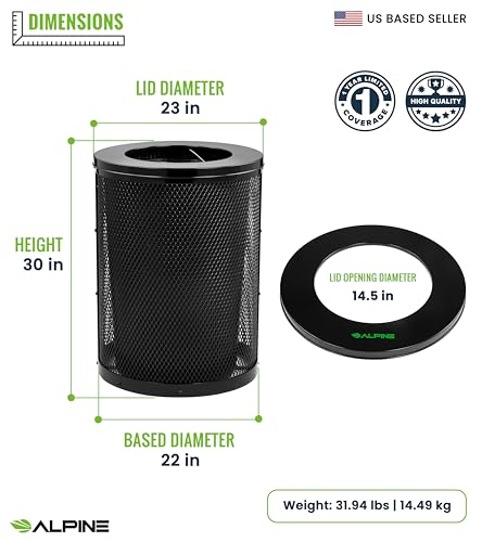 Alpine Outdoor Trash Can 36 Gallon Diamond Steel Commercial Metal Waste Bin with Leak Proof Liner, Heavy Duty Steel Mesh Design, Flat Wide Open Top Lid for Parks, Streets, and Public Spaces-Black - style: Open Top Lid