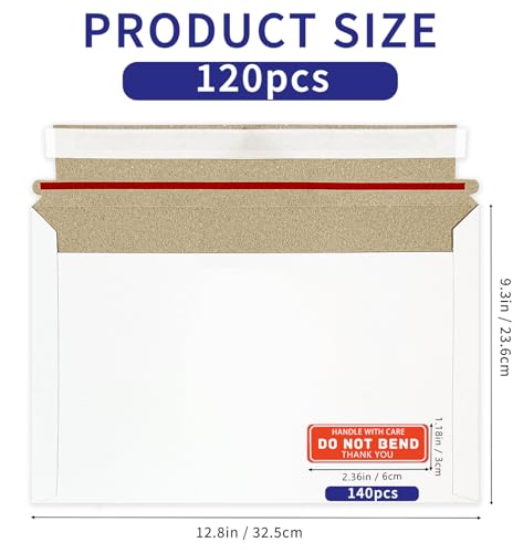 Cheardia 120 Pack Photo Document Mailers with Self Adhesive Seal, 13 x 9.25 Inch Rigid Mailers Stay Flat Cardboard Envelope with Label for CD, Photos, White - size: 13 x 9.25 Inch