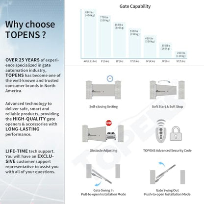 TOPENS AT12131 Single Swing Gate Opener Heavy Duty - size: 880lbs