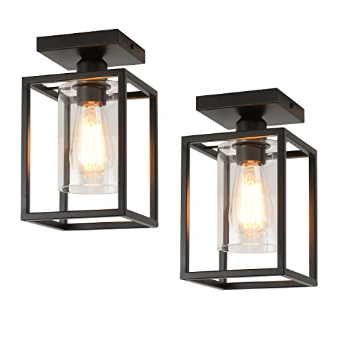 2 Pack Semi Flush Mount Ceiling Light, Black Metal Frame with Clear Glass Shade, Farmhouse Light Fixture for Kitchen, Island, Entryway, Porch, Foyer, Dining Room - color: Black