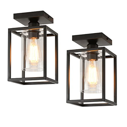 2 Pack Semi Flush Mount Ceiling Light, Black Metal Frame with Clear Glass Shade, Farmhouse Light Fixture for Kitchen, Island, Entryway, Porch, Foyer, Dining Room - color: Black