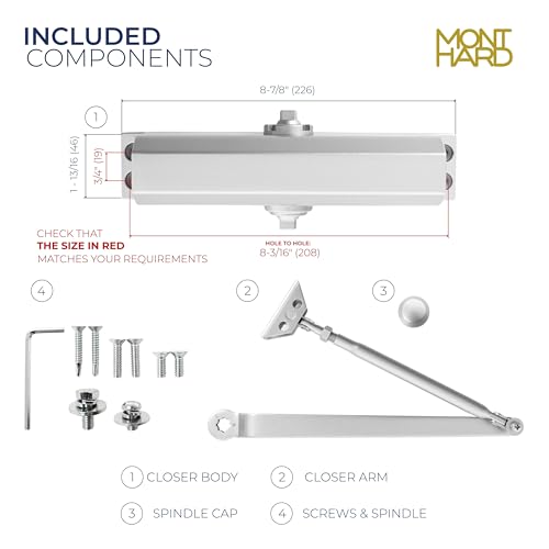 Door Closer, Commercial Grade 2 Hydraulic Closer, Spring Size 3, Surface Mount, Self-Closing, Adjustable Sweep & Latch Speed, Aluminum Anodized - color: Aluminum Anodized