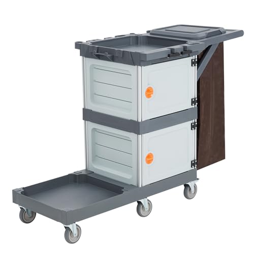Commercial Janitorial Cleaning Cart 3-Shelf 2-Cabinet Housekeeping Cart with Lockable Wheels Oxford Bag and Cover Heavy Duty for School Hotel Apartment