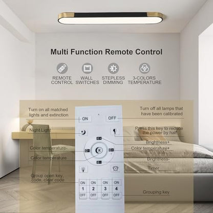 Tioolo Dimmable LED Ceiling Lights Flush Mount Ceiling Light 4FT LED Wraparound Light with Remote Linear Light Fixture for Kitchen Laundry Closet Garage Office Hallway (60W/3000-6500K) - color: Black+Gold/60W