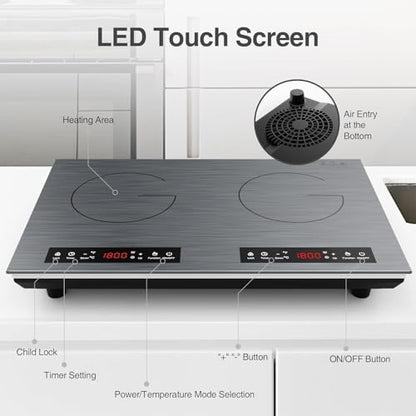 VBGK Double Induction Cooktop, 24 inch 4000W Electric cooktop with hot plate, induction stove top with LED Touch Screen 9 Levels Settings with Child Safety Lock & Timer 110V Induction cooktop 2 burner