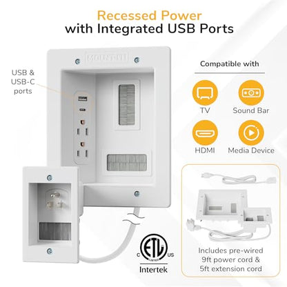 Mount-It in-Wall TV Cable Management Kit, USB-C, Dual Outlet, Cord Hider - style: Dual Outlet + USB – 5ft External / 9ft In-Wall