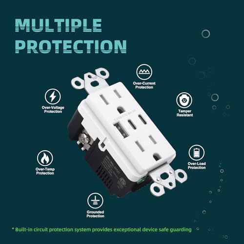 TOPELER USB C Outlet, 15 Amp Tamper Resistant Receptacle with USB-C/A Ports - color: White, size: 15A